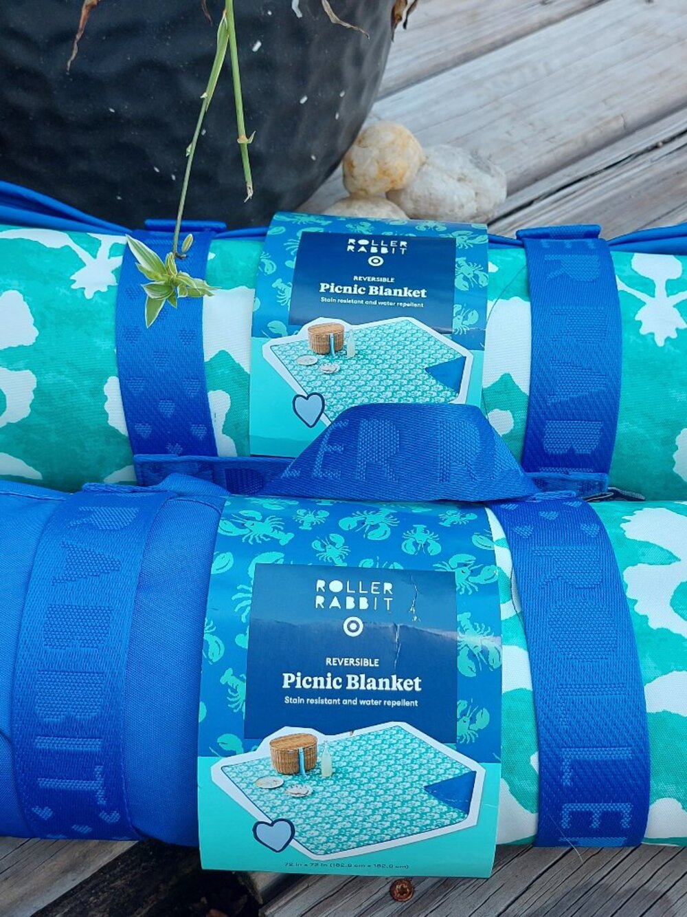 NWT RARE Target x Roller Rabbit Stamped Reversible Teal Floral Picnic Blanket